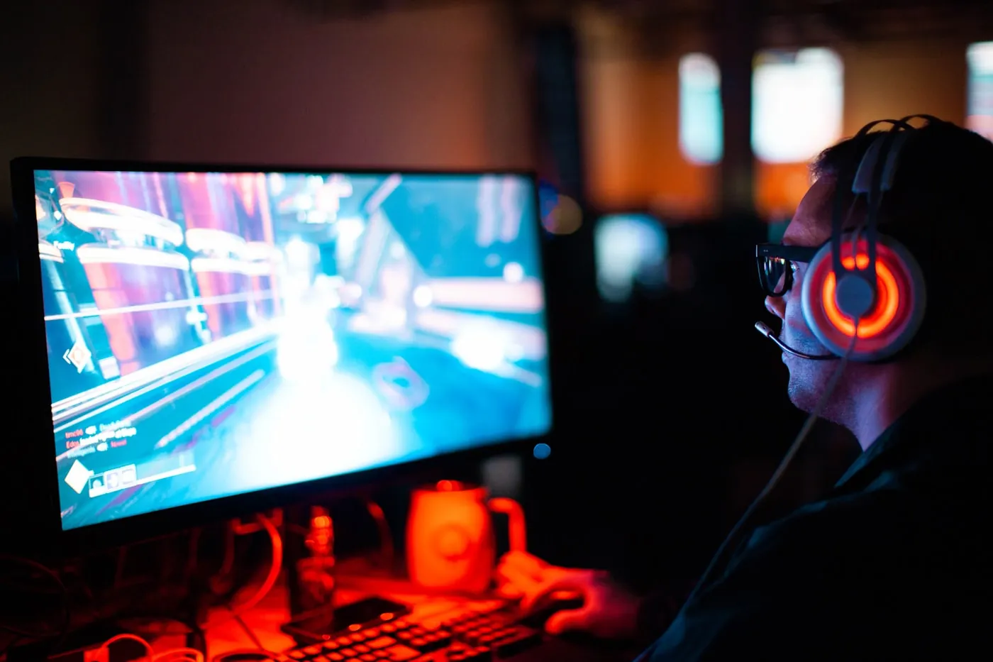 A player in a glowing headset locked into a match